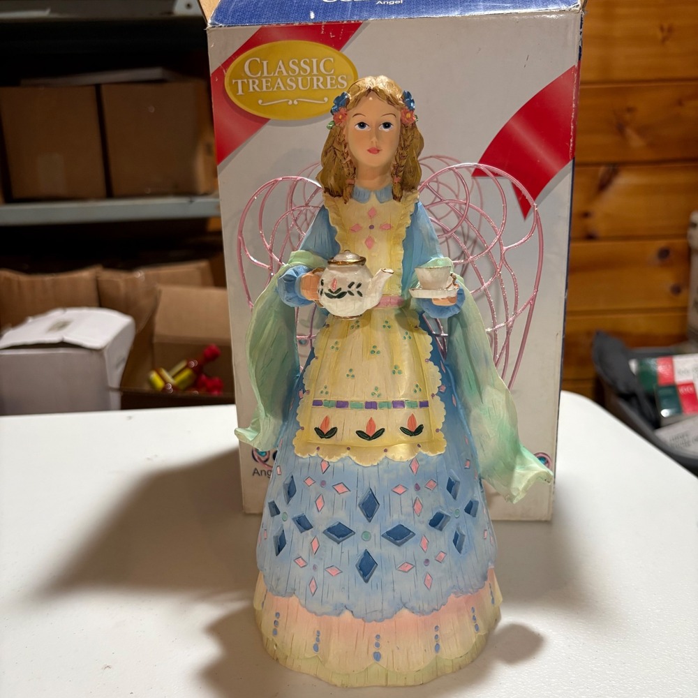 Classic Treasures Collectible Angel Figurine‎ with Tea Pot and Wire Wings Blue